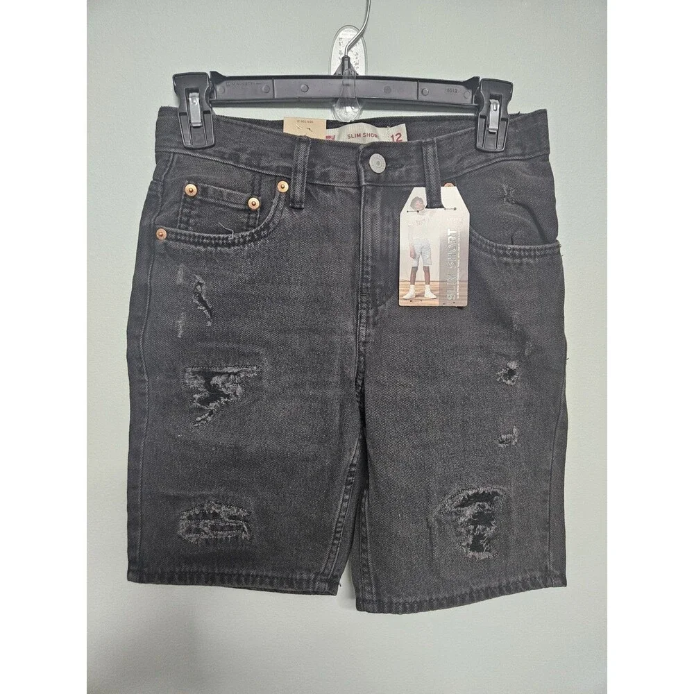 LEVIS BOYS SLIM DENIM SHORTS 100% COTTON DISTRESSED BLACK SIZE 12 SLIM W26